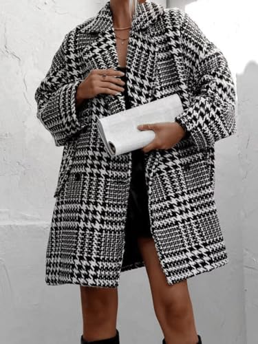 Womens Oversized Blazed Collar Double Breasted Overcoat Thick Plaid Pea Coat Jacket Long Trench Coat