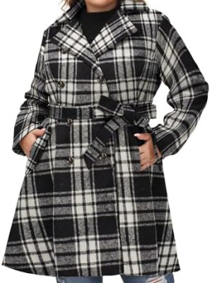 Women Plus Size Double Breasted Wool Pea Coat Notch Lapel Trench Coats Mid Long Winter Outerwear with Belt