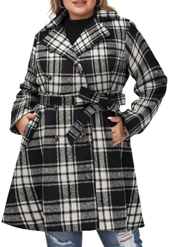 Women Plus Size Double Breasted Wool Pea Coat Notch Lapel Trench Coats Mid Long Winter Outerwear with Belt
