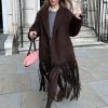 Women's Long Coat Notch Lapel Single-Breasted Jacket with Fringe Hem