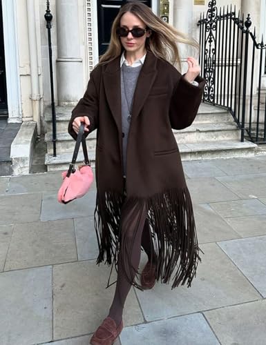 Women's Long Coat Notch Lapel Single-Breasted Jacket with Fringe Hem