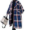 Women's Tweed Double Breasted Wool Coat Plaid Notch Lapel Mid Long Peacoat Winter Trench Coat