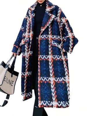 Women's Tweed Double Breasted Wool Coat Plaid Notch Lapel Mid Long Peacoat Winter Trench Coat