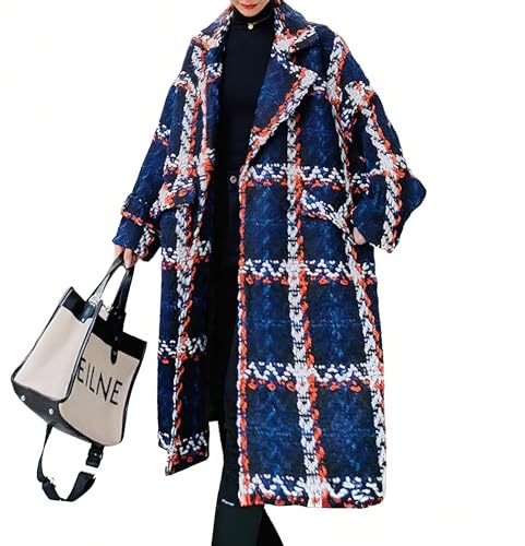 Women's Tweed Double Breasted Wool Coat Plaid Notch Lapel Mid Long Peacoat Winter Trench Coat
