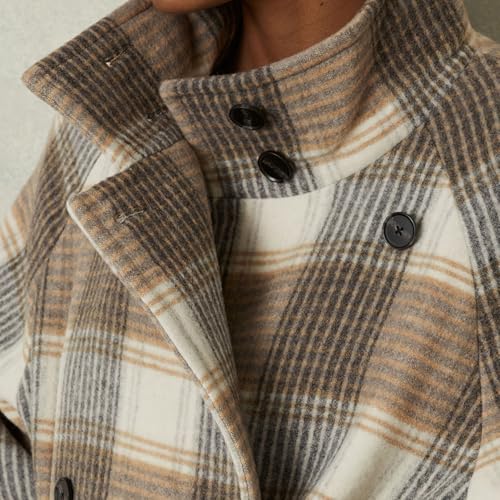 Women's Stand Collar Plaid Wool Coat Peacoat Winter Overcoat Mid Long Trench Coat with Belt