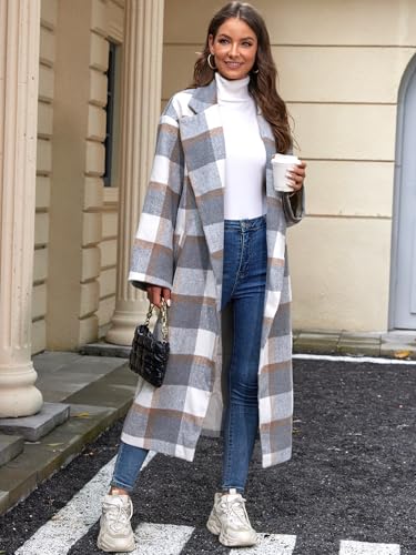 Women's Plaid Wool Coat Shacket Jacket Casual Long Sleeve Laple Button Down Flannel Trench Coats
