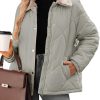 Women's Winter Casual Quilted Jackets Long Sleeve Button Down Puffer Jacket Padded Outerwear Coats
