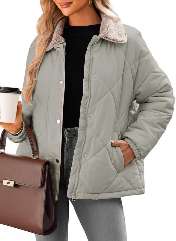 Women's Winter Casual Quilted Jackets Long Sleeve Button Down Puffer Jacket Padded Outerwear Coats