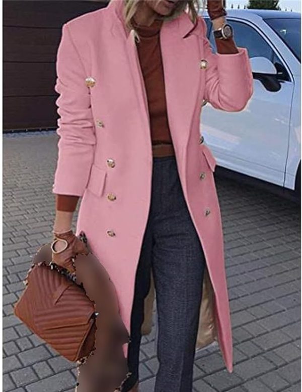 Women's Overcoat Notched Lapel Double Breasted Coats Fall Winter Elegant Wool Blend Trench Coat Long Jackets