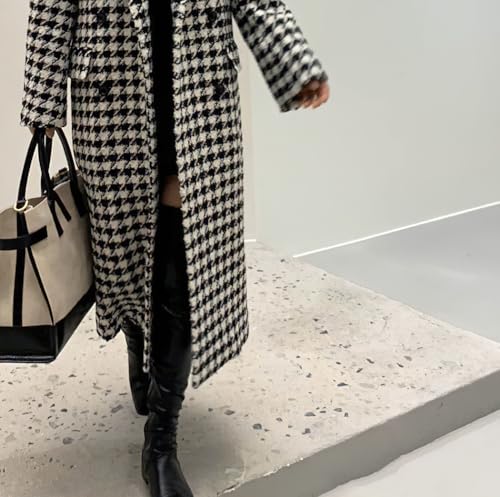 Women's Houndstooth Wool Trench Coat Notch Lapel Maxi Long Overcoat Double Breasted Peacoat