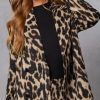 Women's Faux Suede Leopard Midi Long Trench Coat Double Breasted Notch Lapel Pea Coat Overcoat