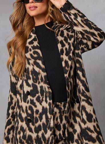 Women's Faux Suede Leopard Midi Long Trench Coat Double Breasted Notch Lapel Pea Coat Overcoat