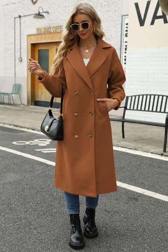 Women's Long Coat Notched Lapel Collar Double Breasted Pea Coat Winter Elegant Wool Blend Over Coats Jackets