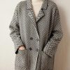 Women's Winter Herringbone Striped Notch Lapel Wool Trench Coat Double Breasted Peacoat