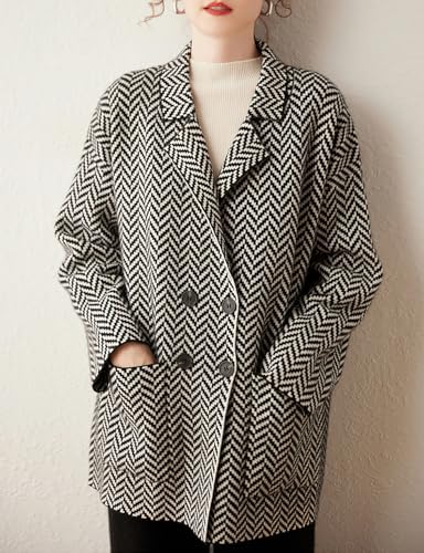 Women's Winter Herringbone Striped Notch Lapel Wool Trench Coat Double Breasted Peacoat