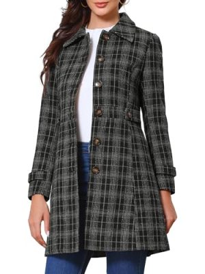 Plaid Pea Coat for Women's Single Breasted Vintage Winter Overcoat Trench Outerwear