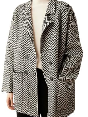 Women's Winter Herringbone Striped Notch Lapel Wool Trench Coat Double Breasted Peacoat