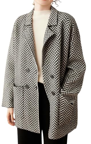 Women's Winter Herringbone Striped Notch Lapel Wool Trench Coat Double Breasted Peacoat