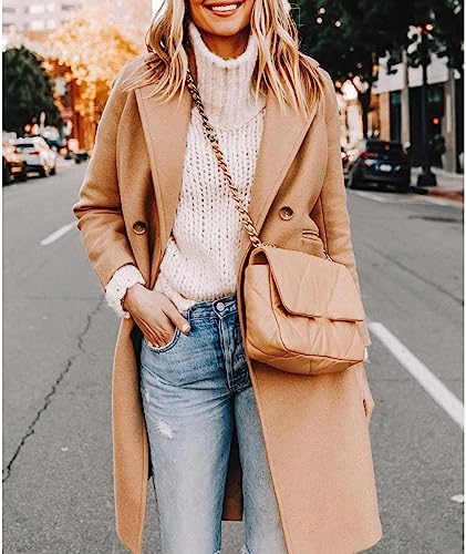 Women's Double Breasted Peacoat Wool Notched Lapel Trench Coat Winter Mid Length Long Jacket Overcoat