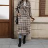 Women's Plaid Double Breasted Wool Overcoat Notch Lapel Mid Long Peacoat Winter Trench Coat