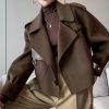 Women Cropped Wool Coats Warm Pea Coat Notched Lapel Open Front Trench Overcoat Jackets with Pockets
