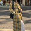Women's Plaid Wool Coat Notch Lapel Overcoat Winter Long Trench Coat Double Breasted Pea Coat