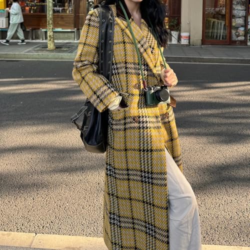 Women's Plaid Wool Coat Notch Lapel Overcoat Winter Long Trench Coat Double Breasted Pea Coat