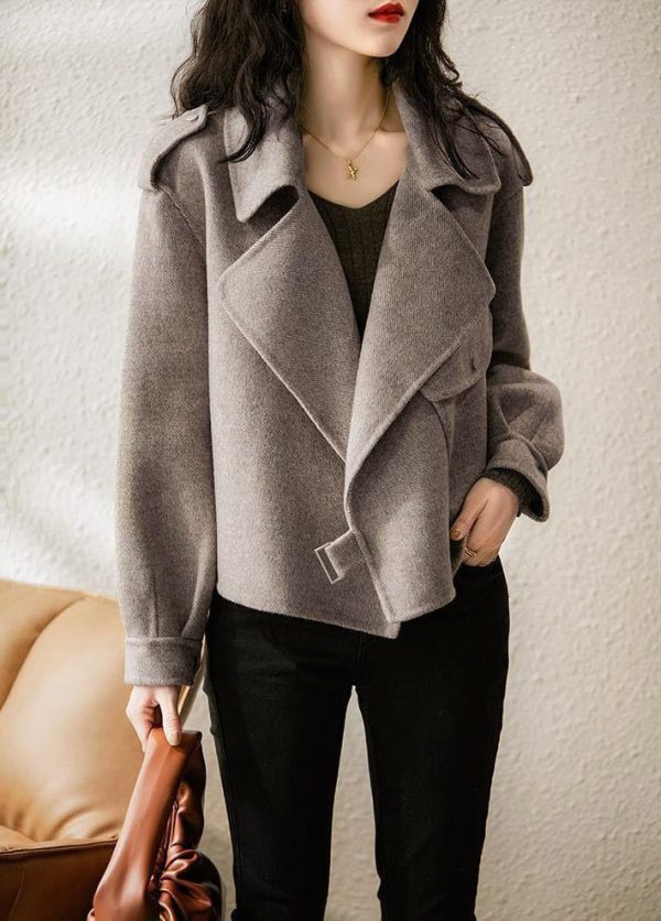 Women Cropped Wool Coats Notched Lapel Pea Coat Open Front Trench Overcoat Jackets with Pockets