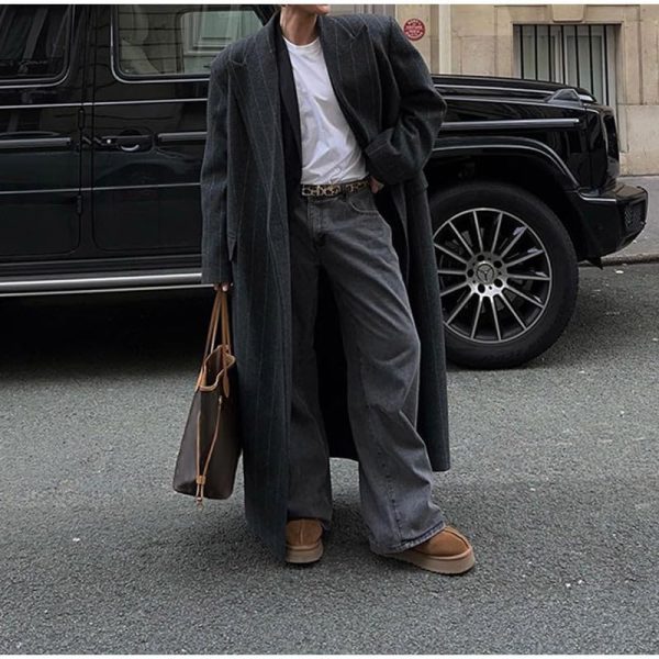 Womens Long Wool Pea Coat Business Casual Striped Trench Coat Winter Warm Notched Lapel Overcoat