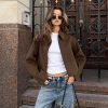 Womens Cropped Wool Jacket Warm Winter Fleece Bomber Jacket Zip Up Short Pea Coats with Pockets